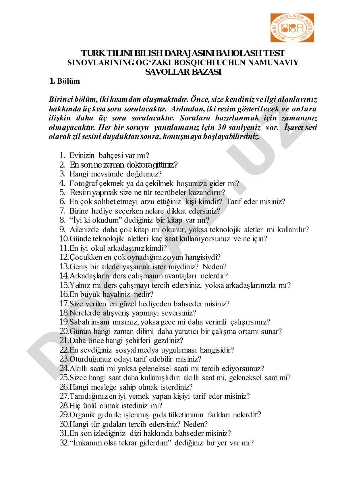 Türkçe Yeterlilik Sınavı Sözlü Aşama Örnek Soru Bankası