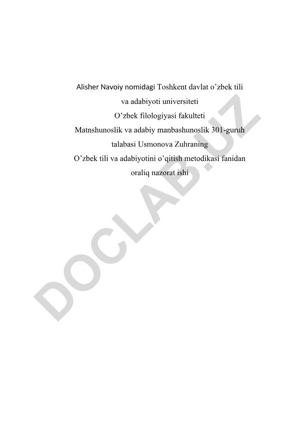 O'zbek tili va adabiyotini o'qitish metodikasi fanidan oraliq nazorat ishi