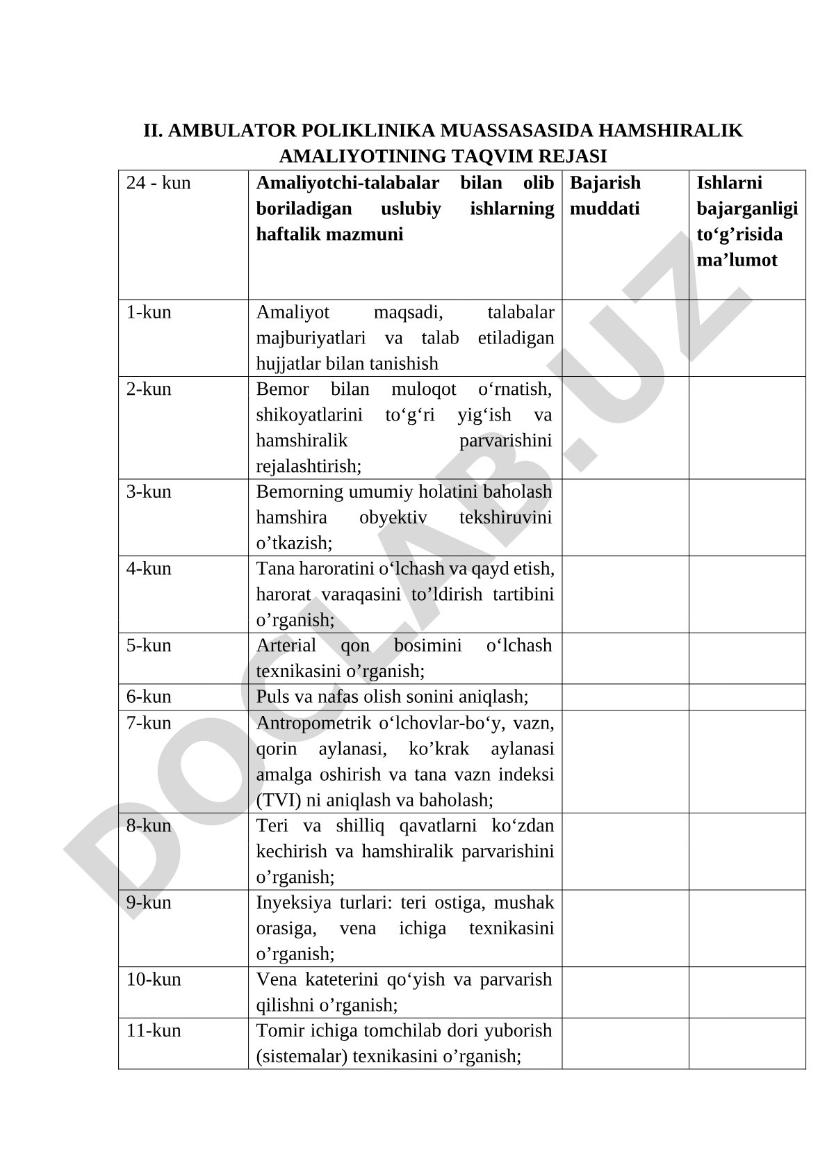 Ambulator poliklinika muassasasida hamshiralik amaliyotining taqvim rejasi