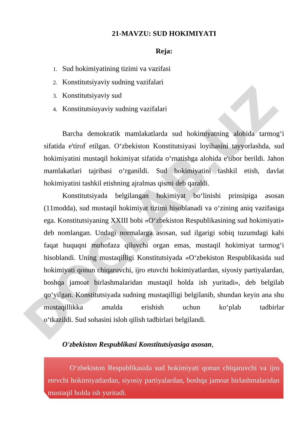Sud hokimiyatining tizimi, vazifalari va Konstitutsiyaviy sudning roli haqida ma'lumot