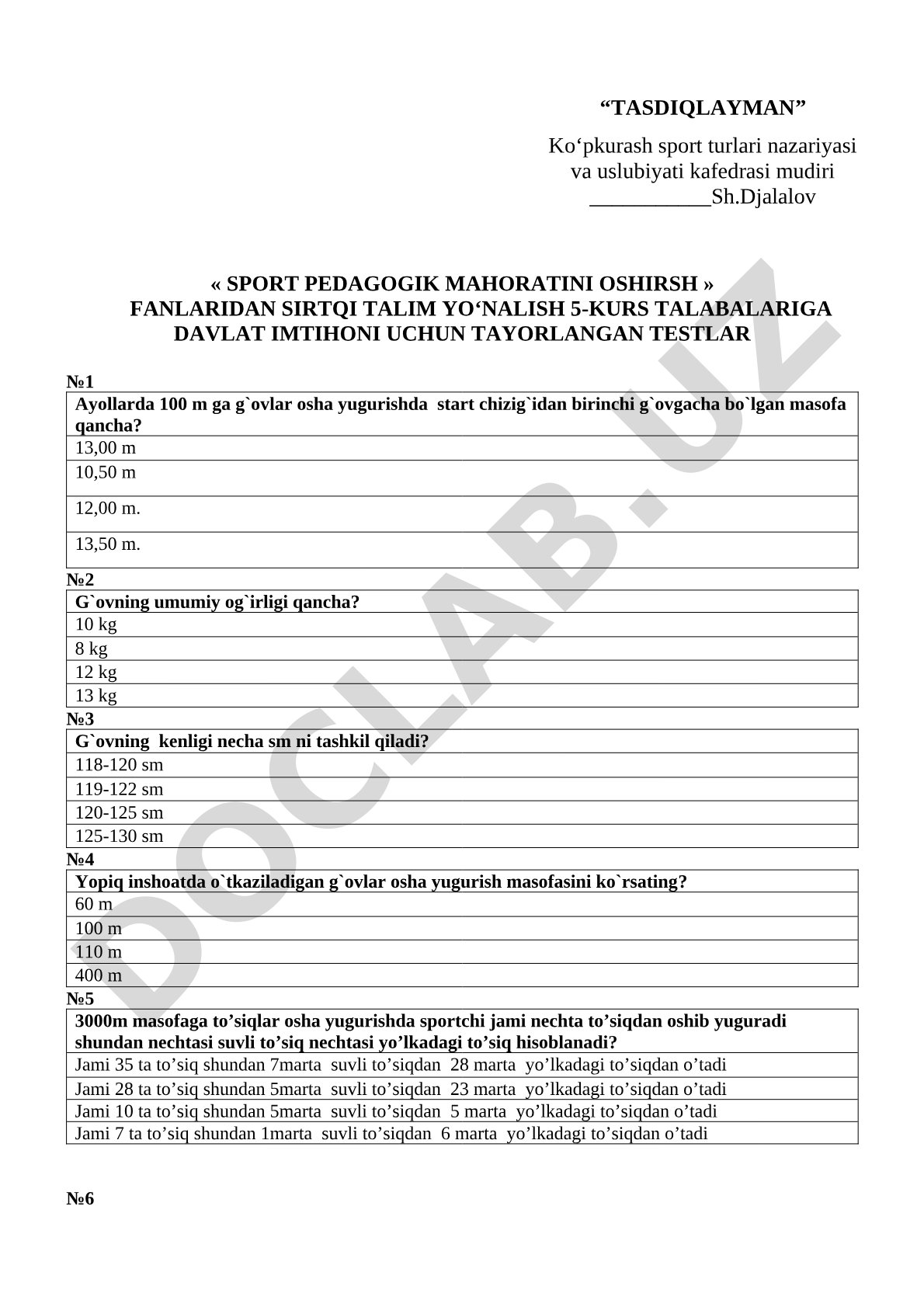 Sport pedagogik mahoratini oshirish fanidan testlar