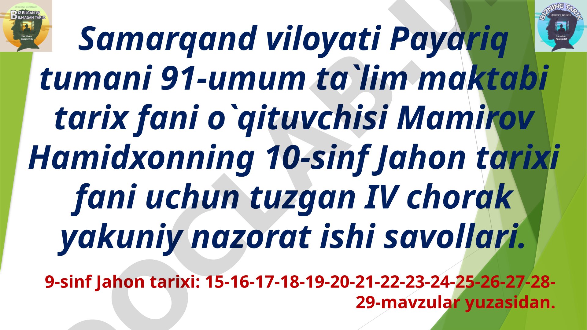 Jahon tarixi 10-sinf IV chorak yakuniy nazorat savollari