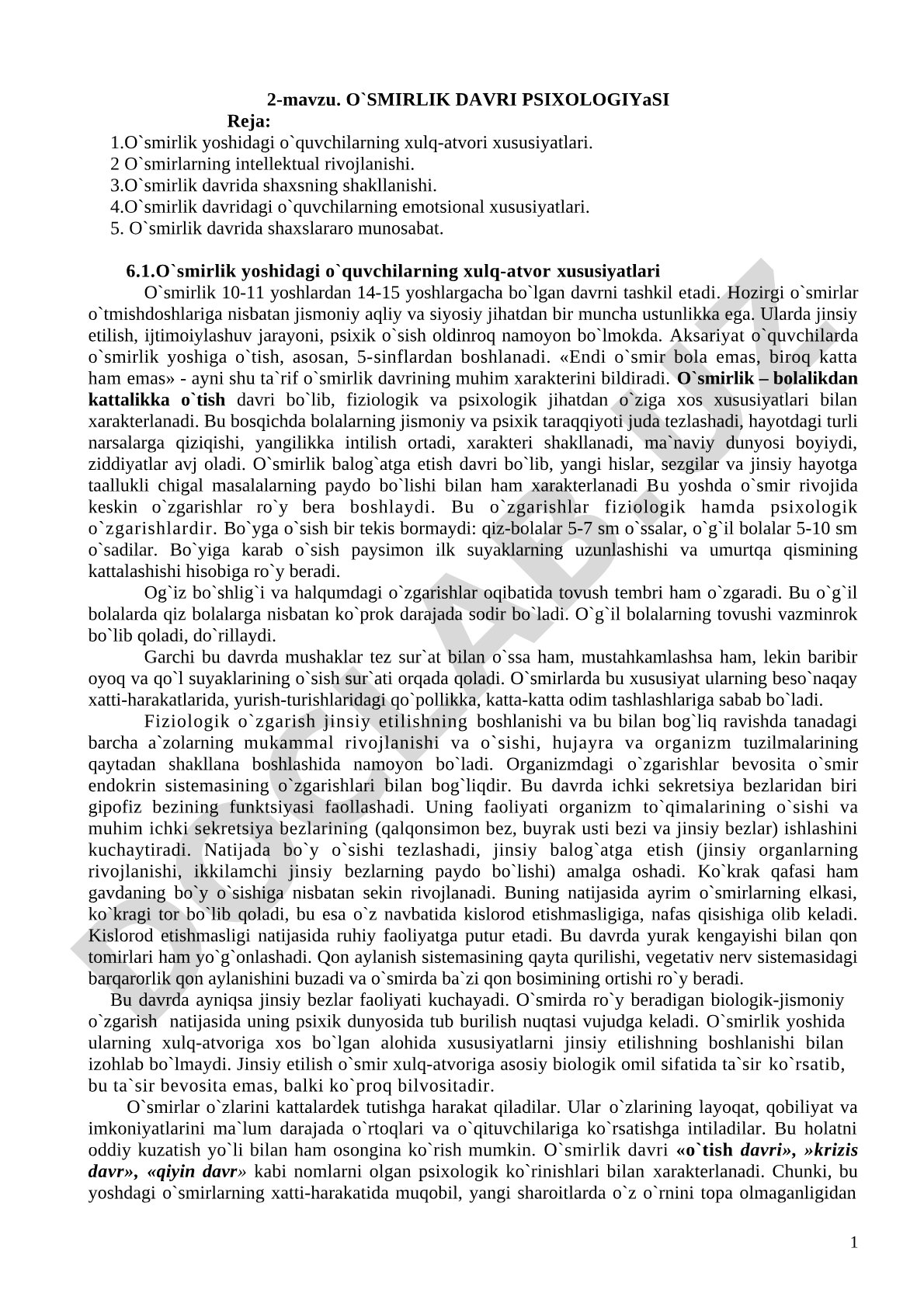 O`SMIRLIK DAVRI PSIXOLOGIYaSI
