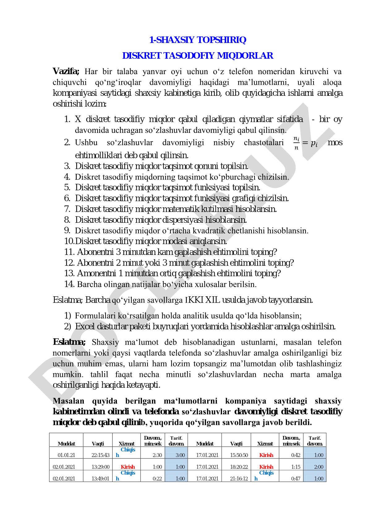 Diskret tasodifiy miqdorlarning taqsimoti va sonli xarakteristikalari