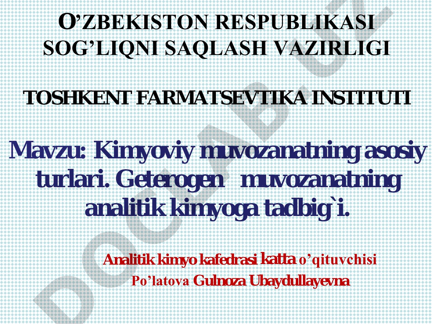 Kimyoviy muvozanatning asosiy turlari. Geterogen muvozanatning analitik kimyoga tadbig`i