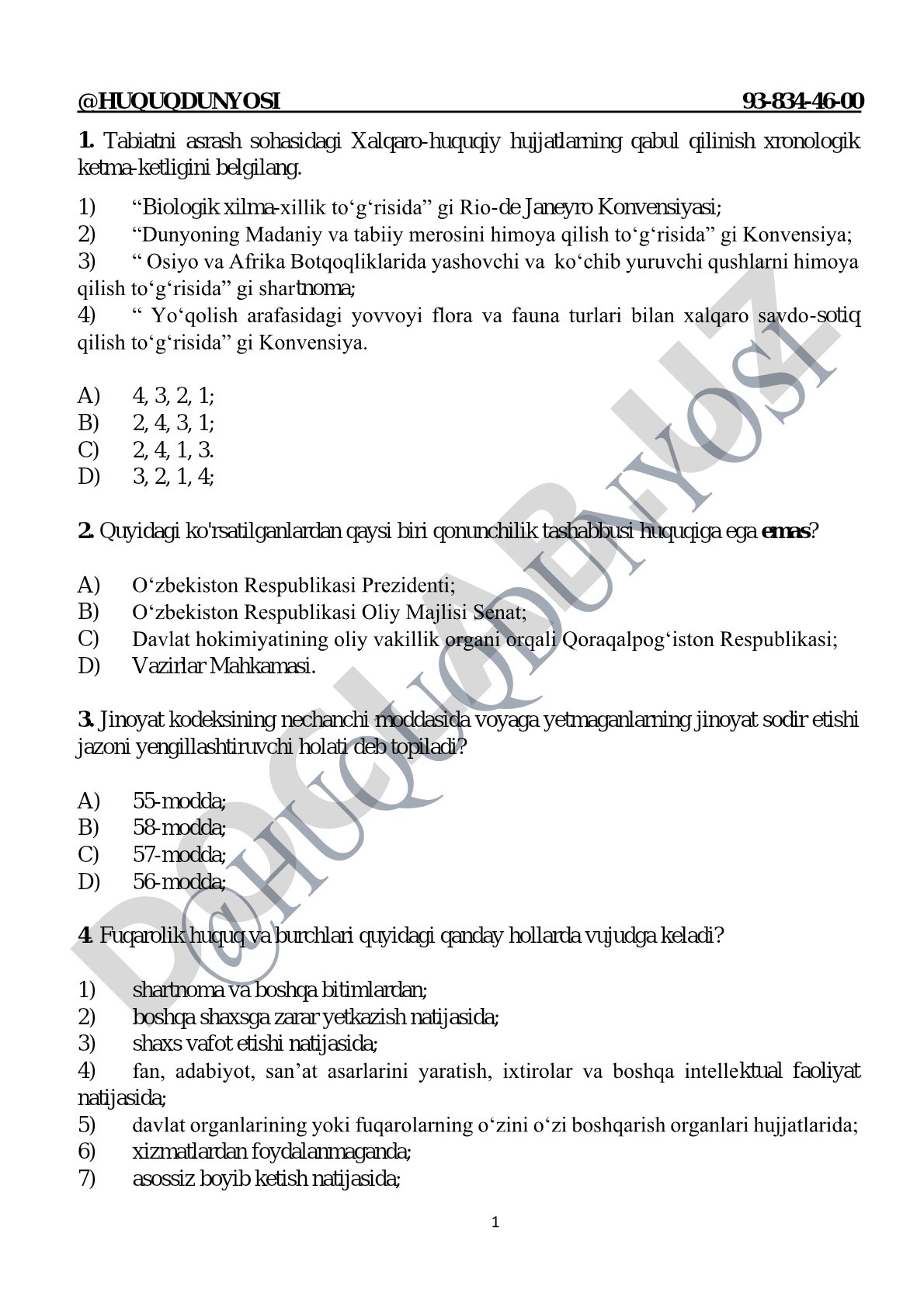 Huquqshunoslik fanidan test savollari