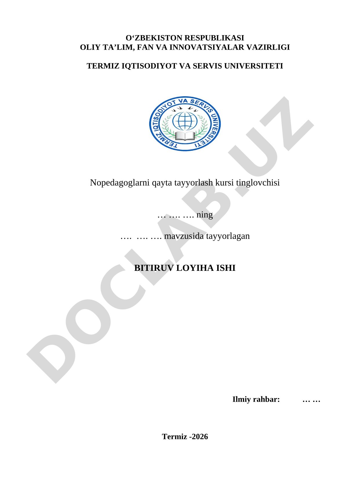 Nopedagoglarni qayta tayyorlash kursi bitiruv loyiha ishi