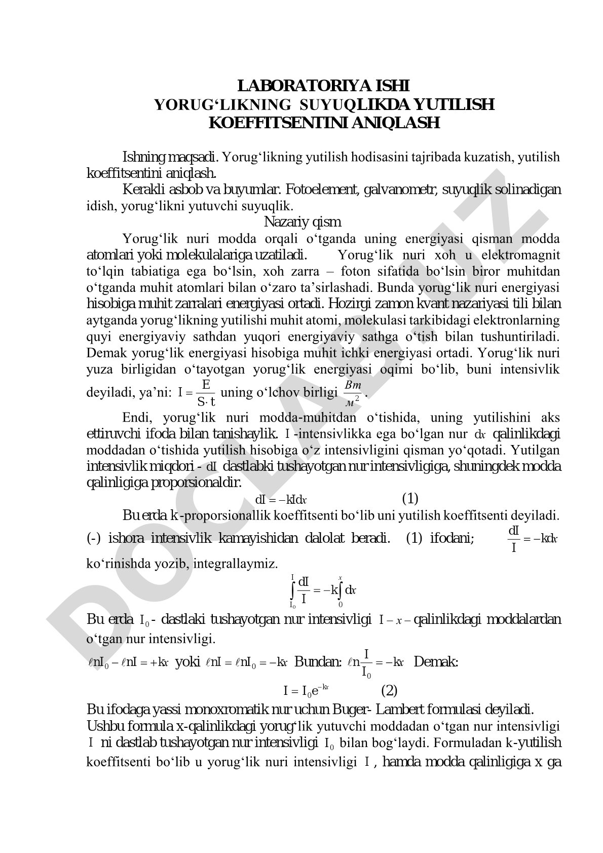 Yorug‘likning suyuqlikda yutilish koeffitsentini aniqlash