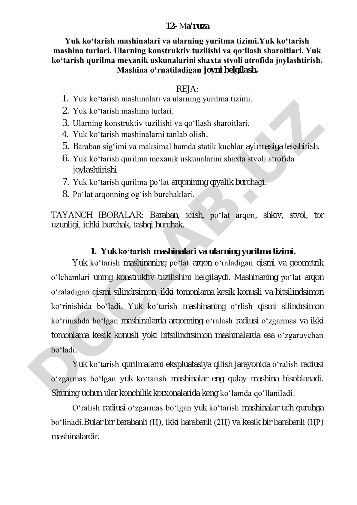 Yuk ko'tarish mashinalari va ularning yuritma tizimi