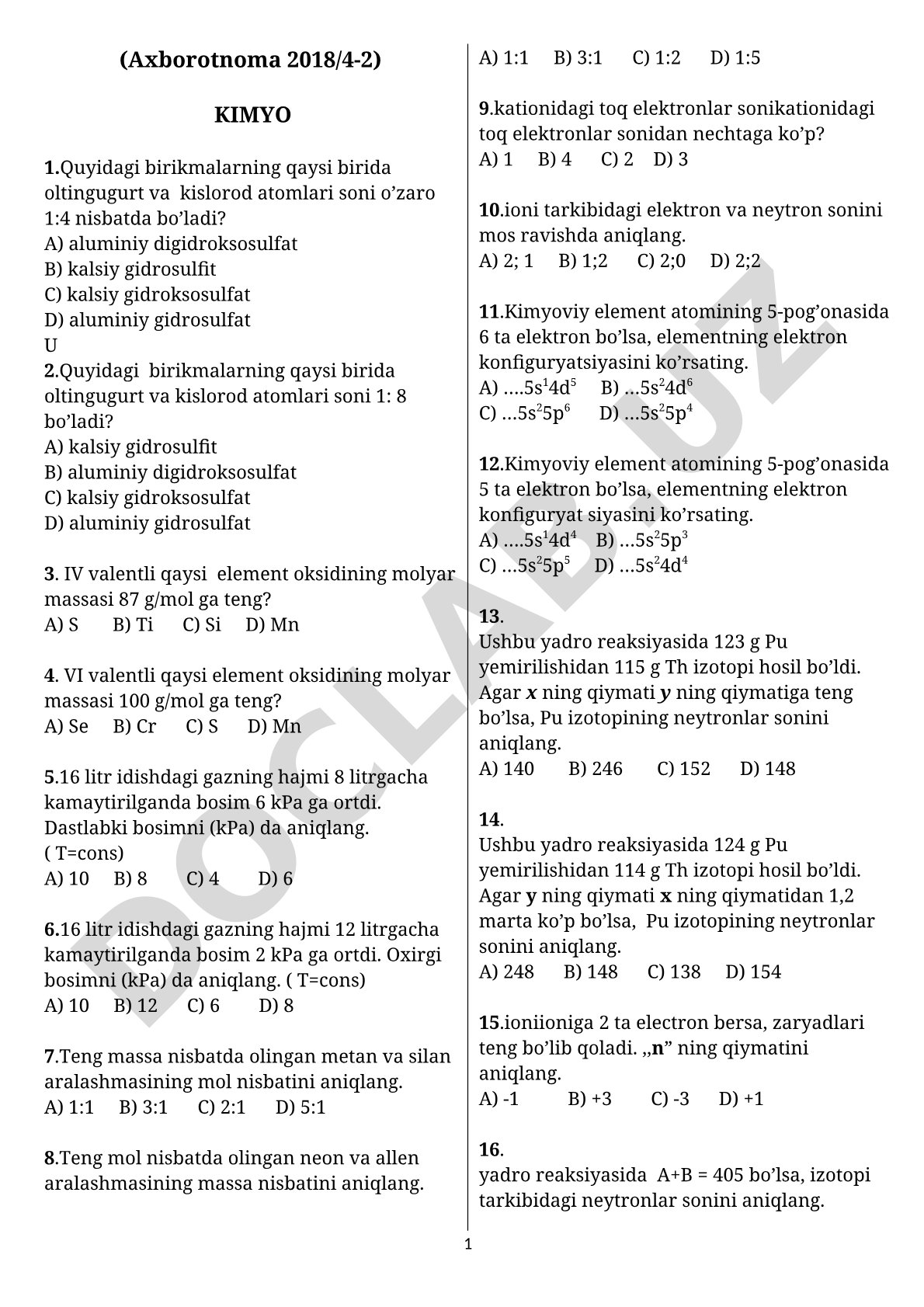 Kimyo fanidan atom nisbati va gaz qonunlari masalalari
