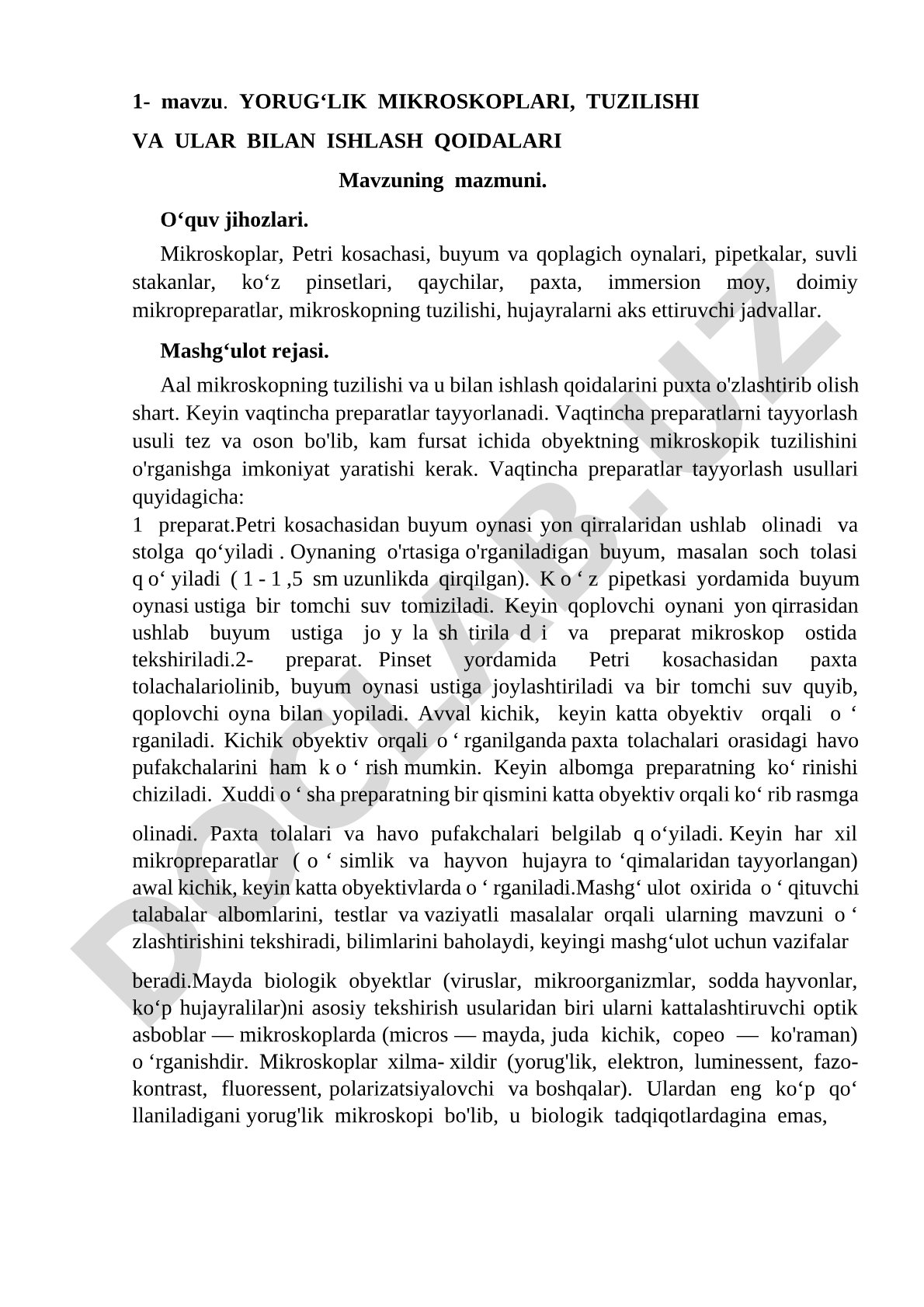 Yorug‘lik mikroskoplari, tuzilishi va ular bilan ishlash qoidalari