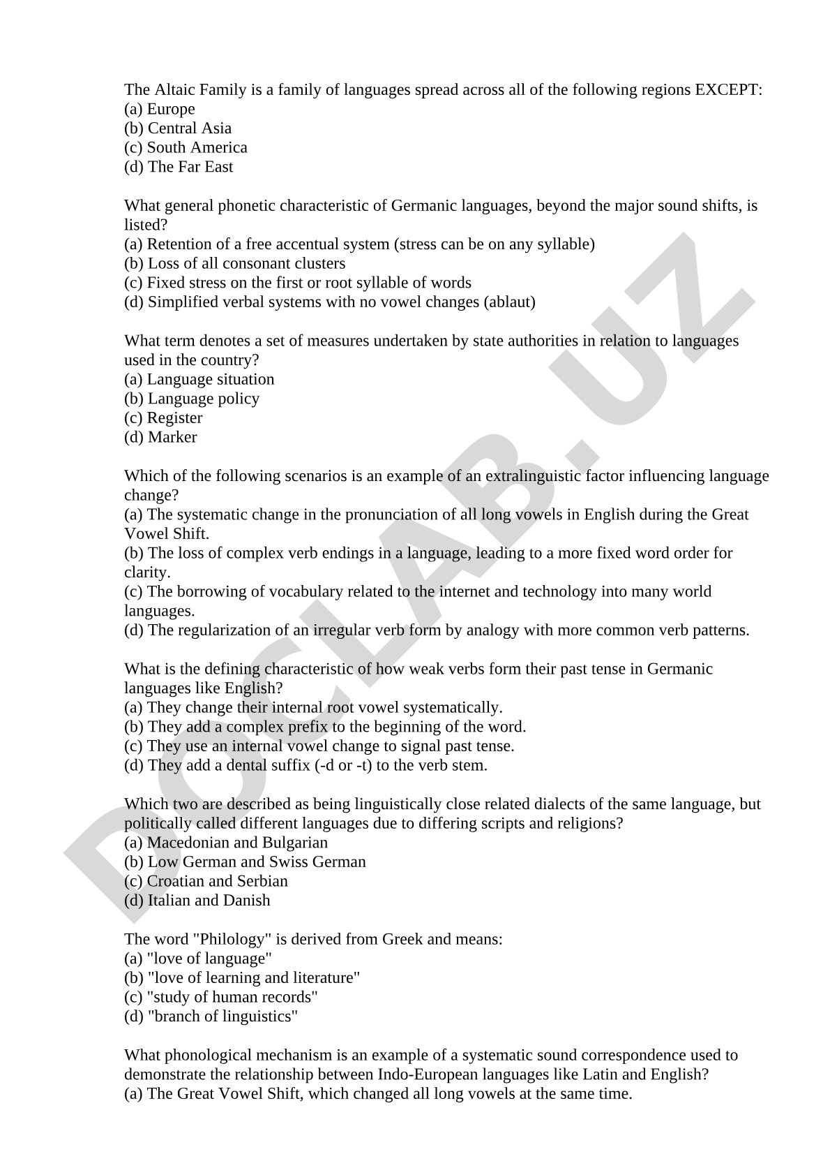 Altaic and Germanic linguistics multiple choice questions