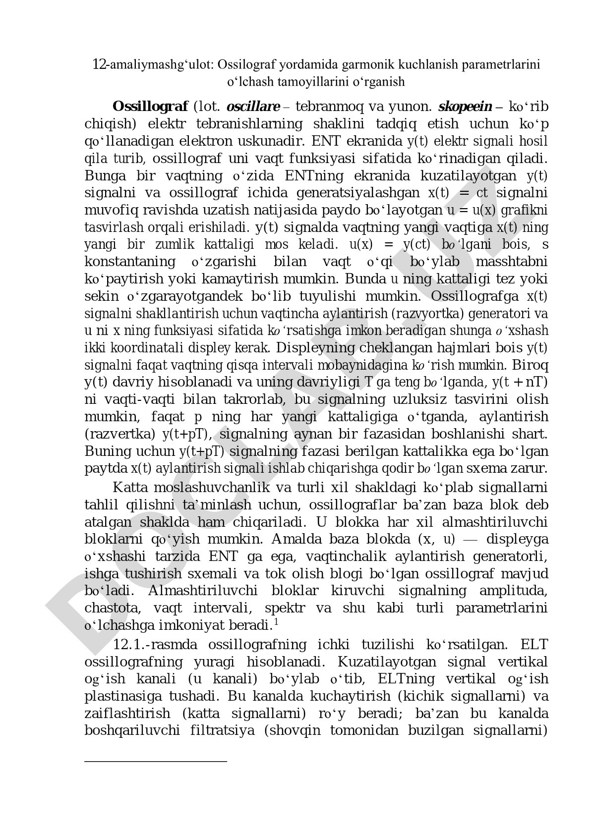 Ossilograf yordamida garmonik kuchlanish parametrlarini o‘lchash tamoyillarini o‘rganish