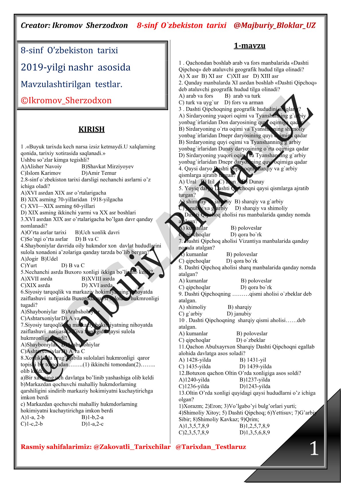 8-sinf O’zbekiston tarixi mavzulashtirilgan testlar