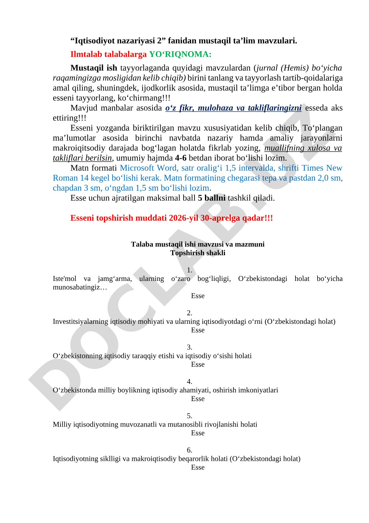 Iqtisodiyot nazariyasi 2” fanidan mustaqil taʼlim mavzulari