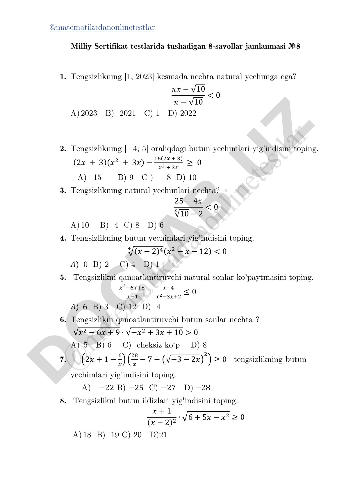 Matematikadan milliy sertifikat test savollari jamlanmasi