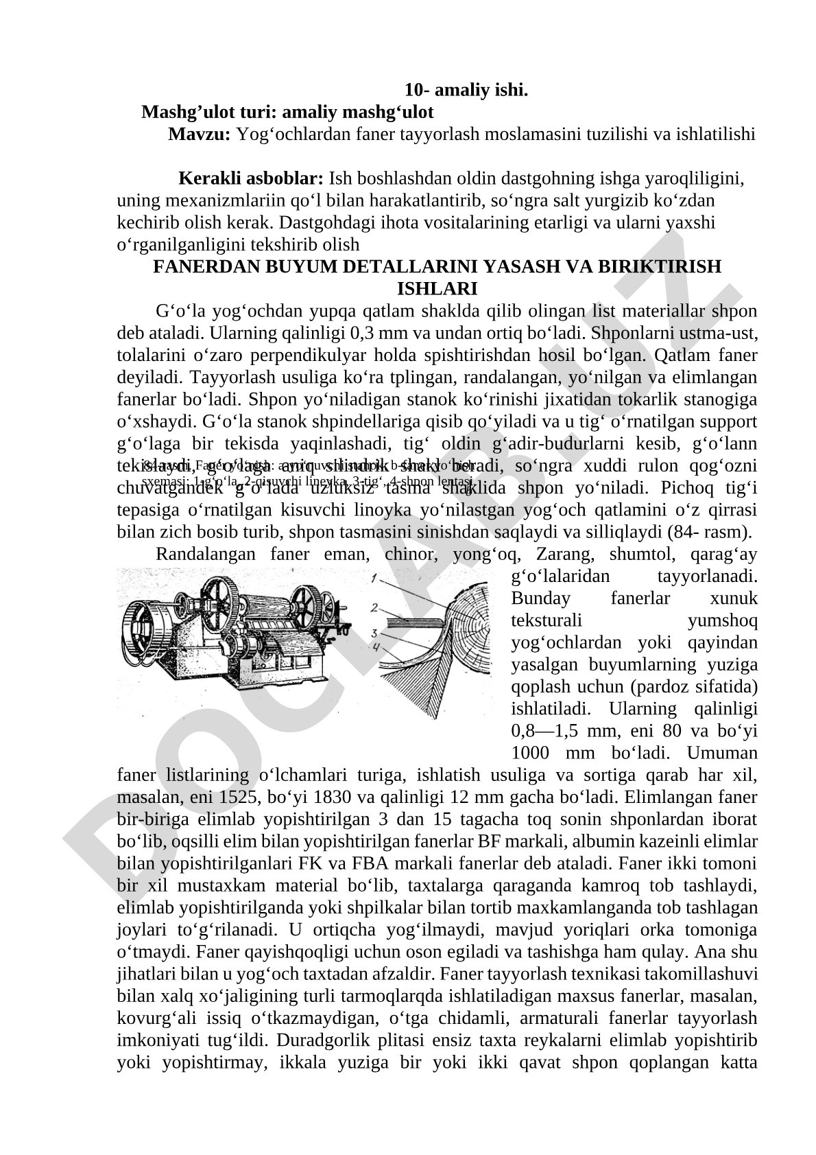 Yog‘ochlardan faner tayyorlash moslamasini tuzilishi va ishlatilishi