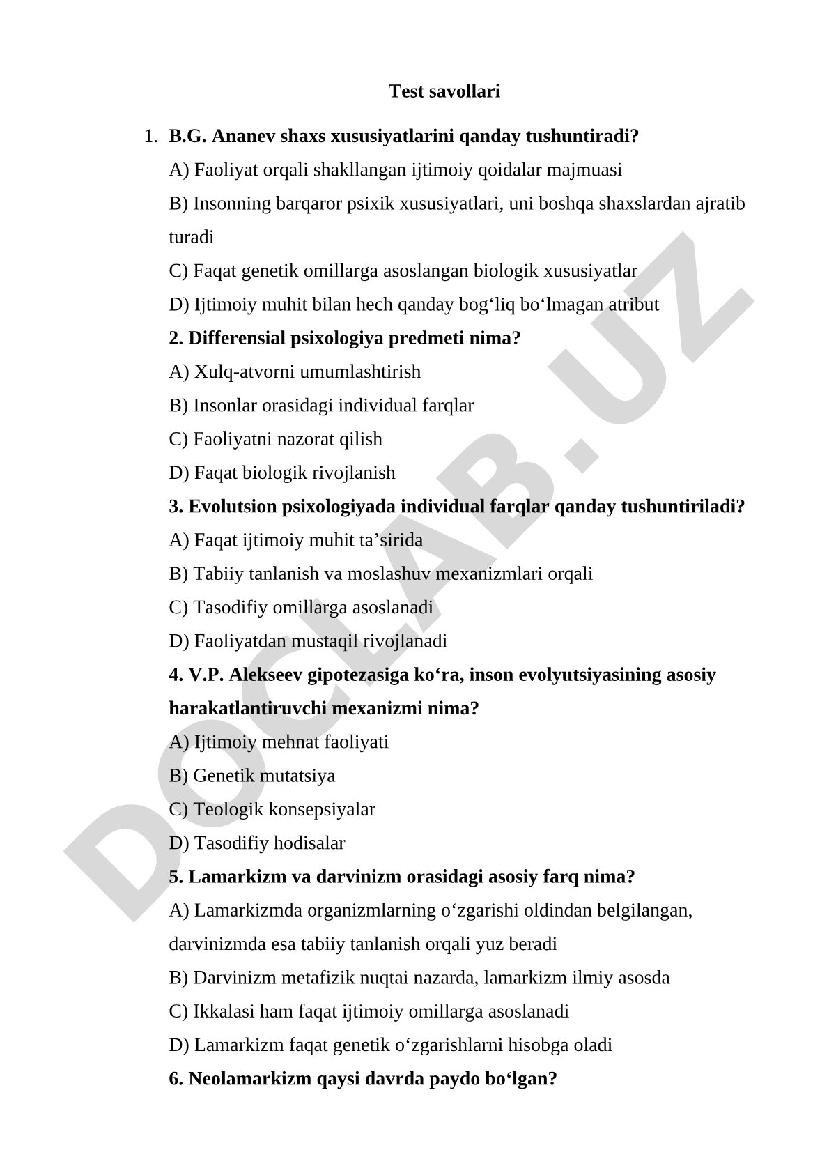 Differensial psixologiya test savollari