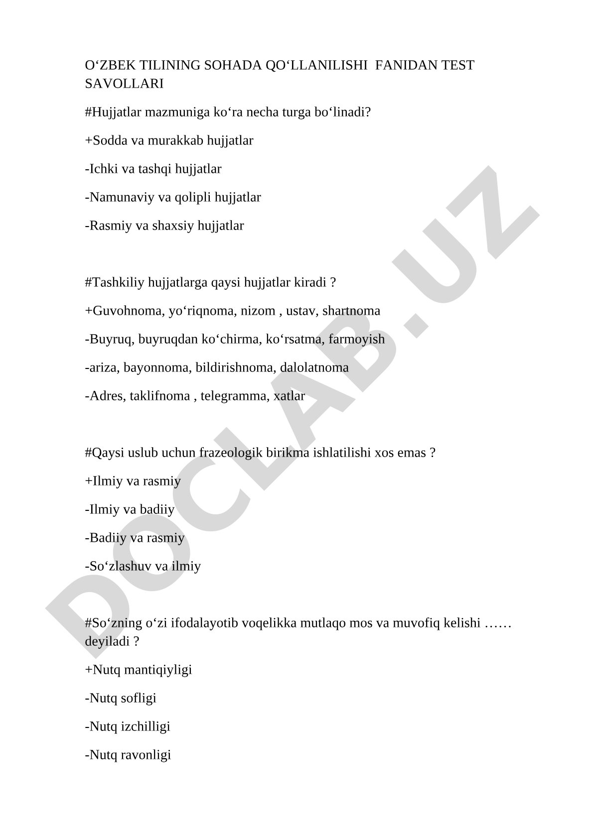 O‘zbek tilining sohada qo‘llanilishi fanidan test savollari