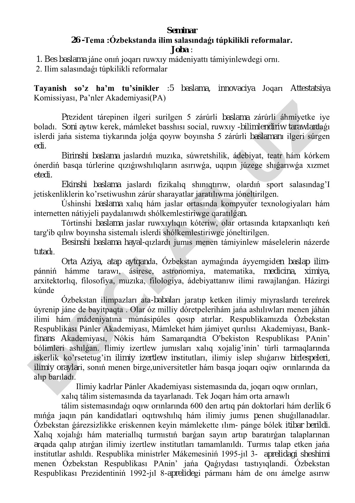 Ózbekstanda ilim salasındaǵı túpkilikli reformalar