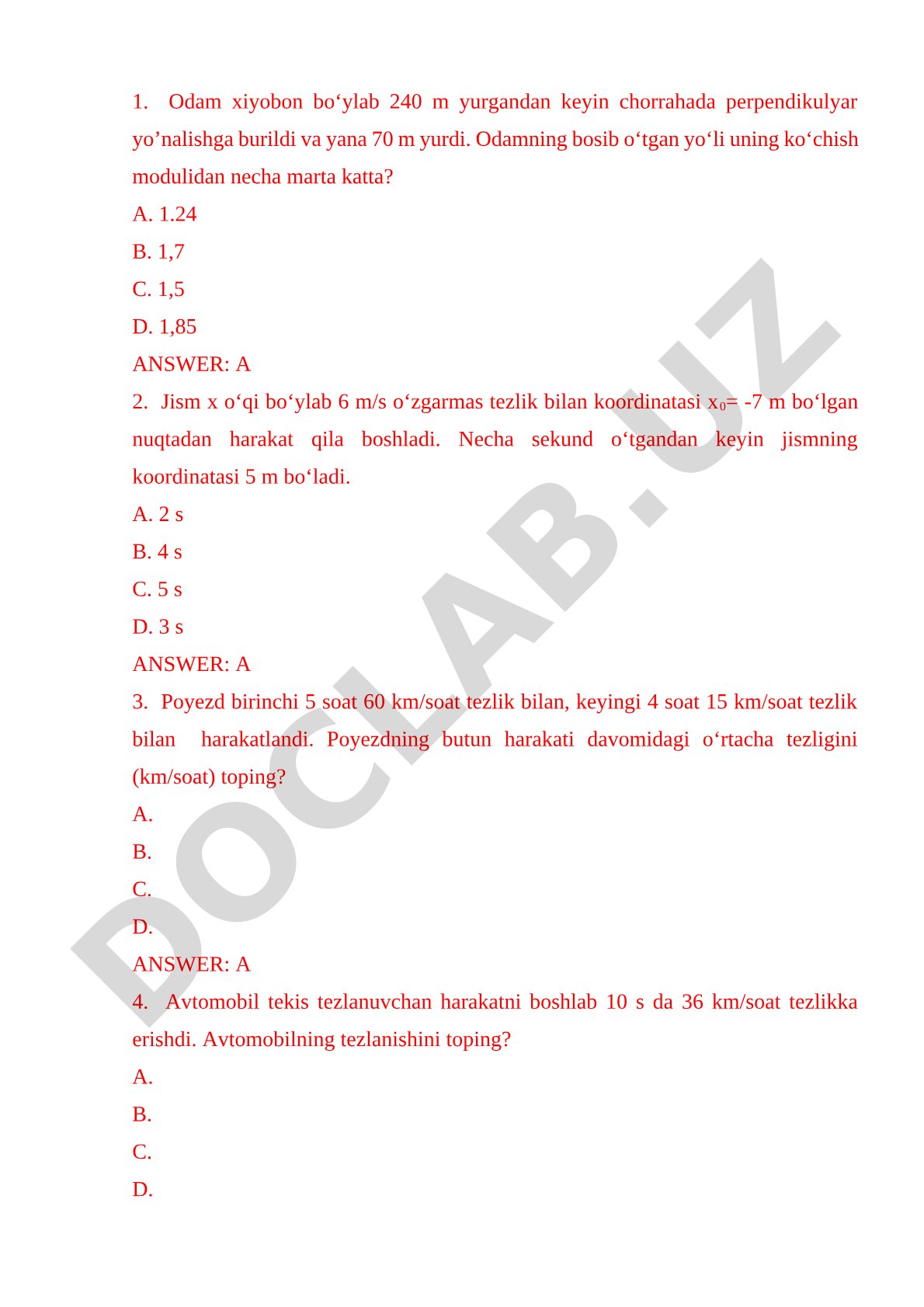 Kinematika bo'yicha masalalar