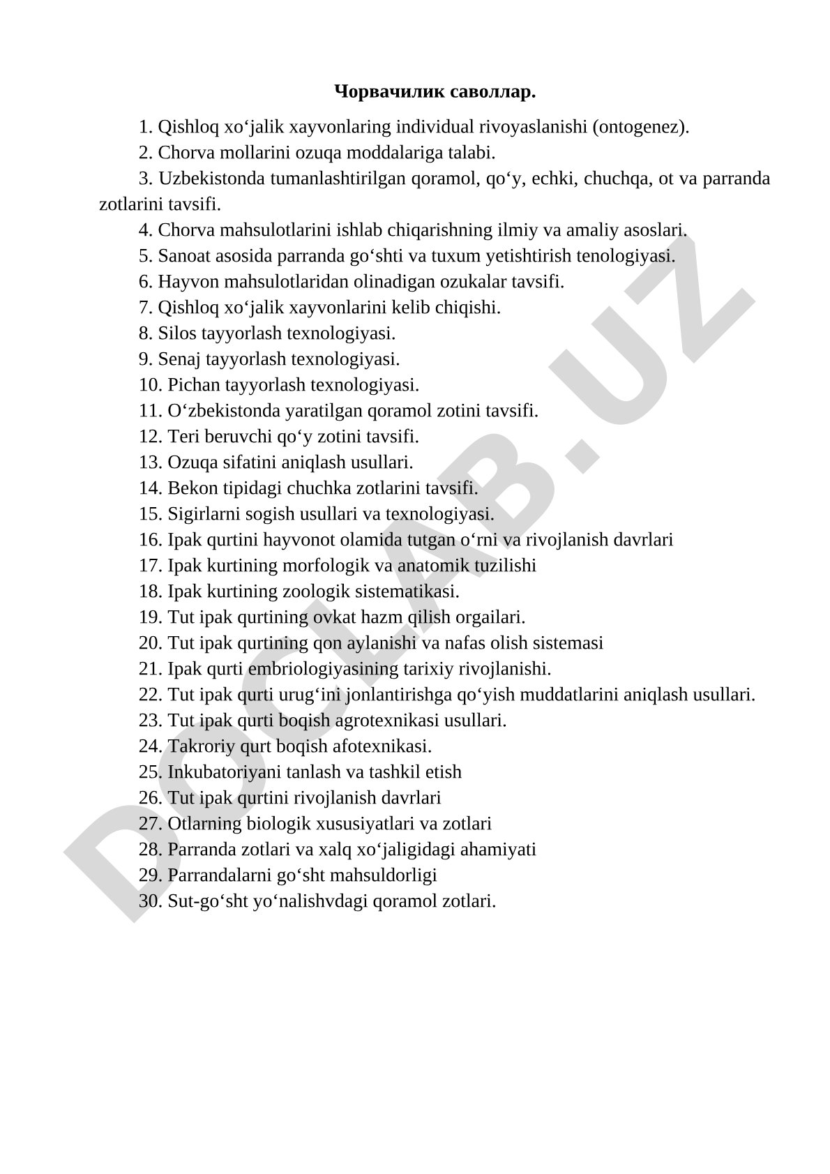 Chorvachilik va ipak qurti bo'yicha savollar