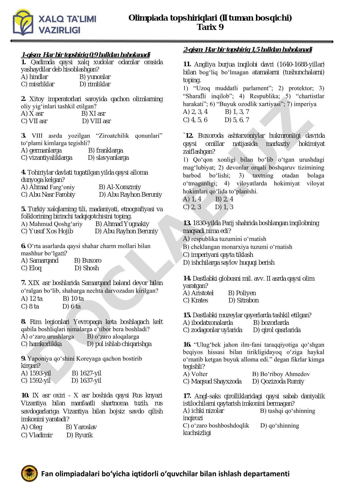 Tarix 9-sinf olimpiada topshiriqlari II tuman bosqichi