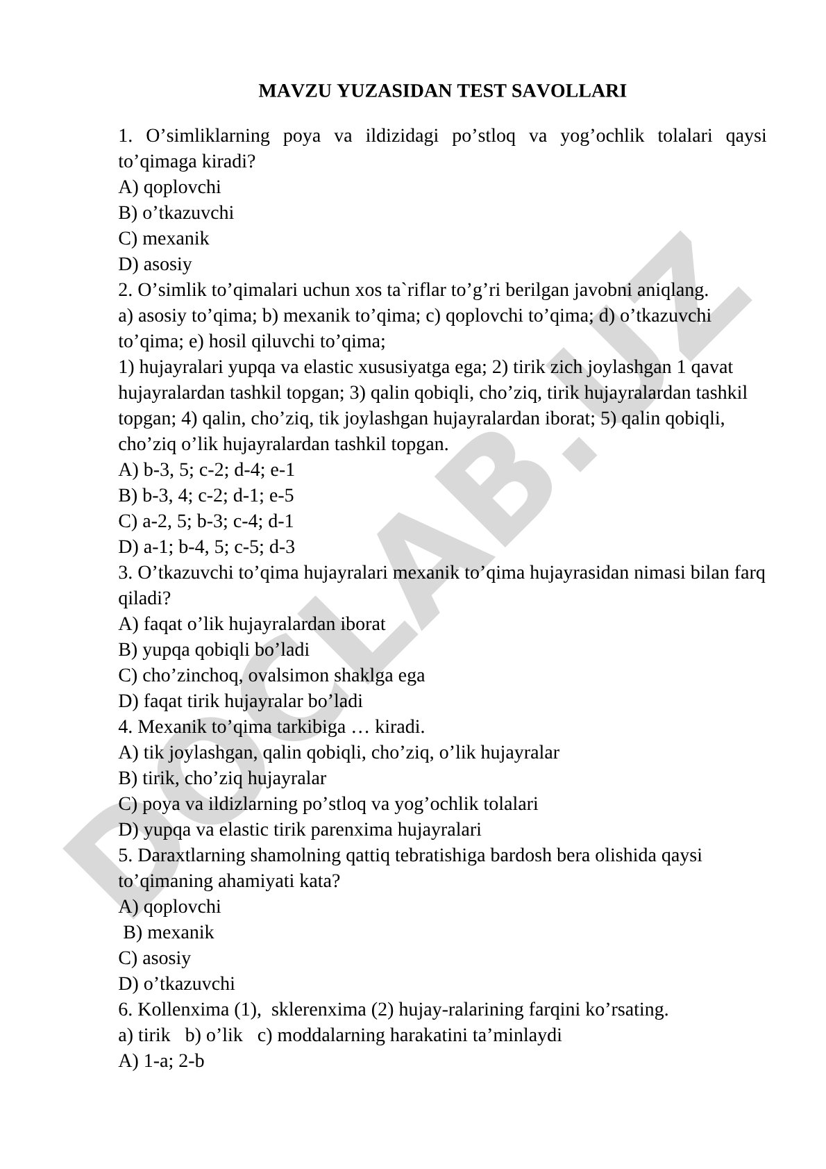 O'simlik to'qimalari bo'yicha test savollari