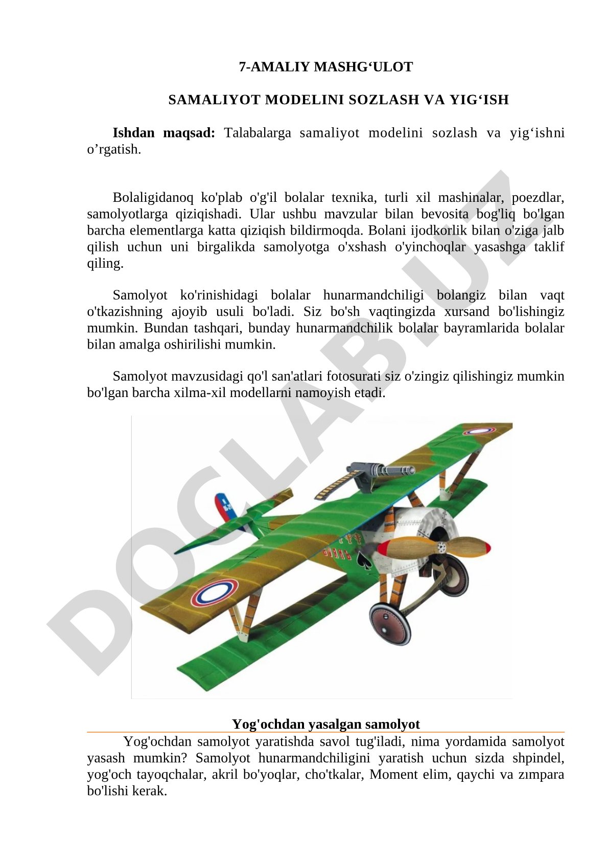 Samaliyot modelini sozlash va yig‘ish