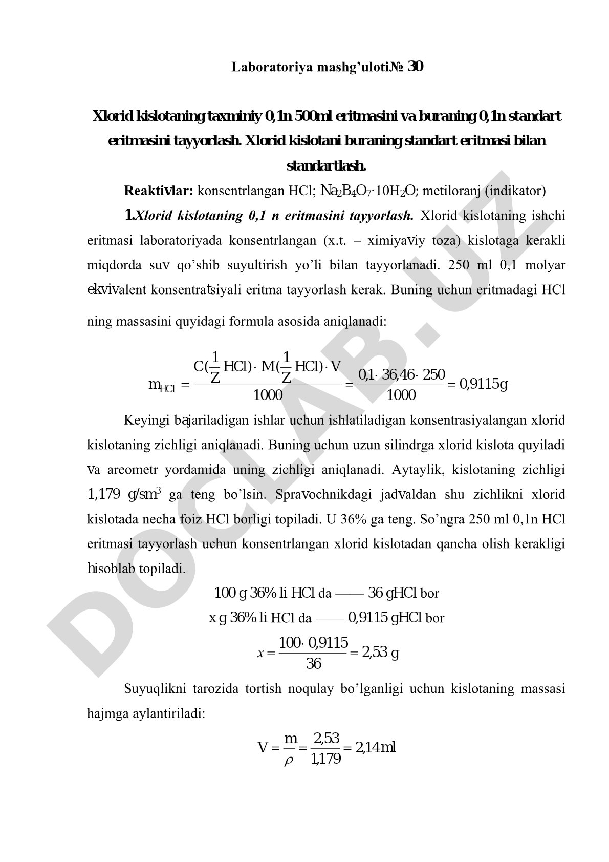 Xlorid kislota eritmasini tayyorlash va standartlash