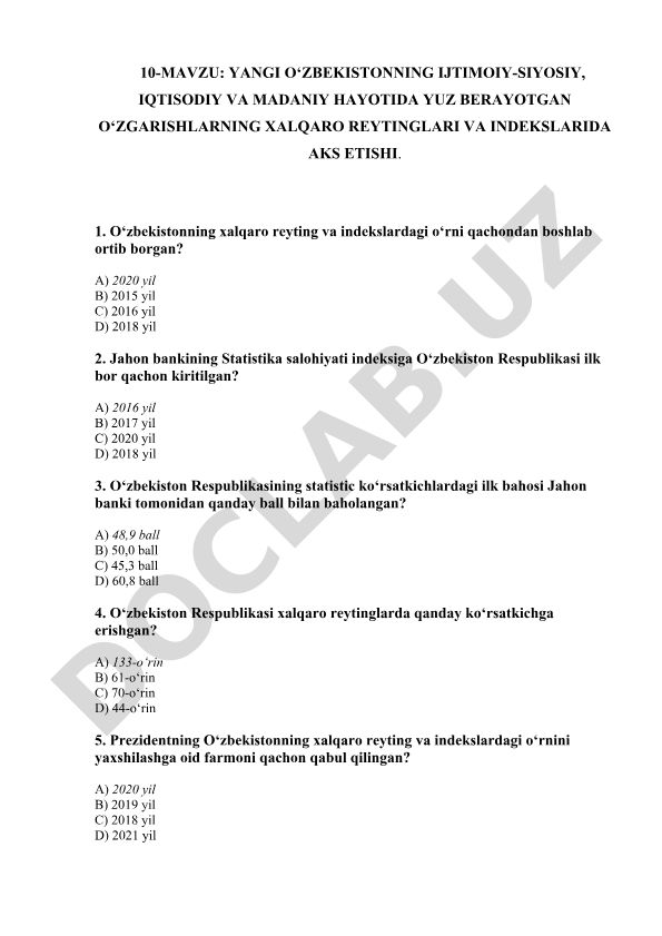 Yangi O‘zbekistonning xalqaro reyting va indekslardagi o‘rni