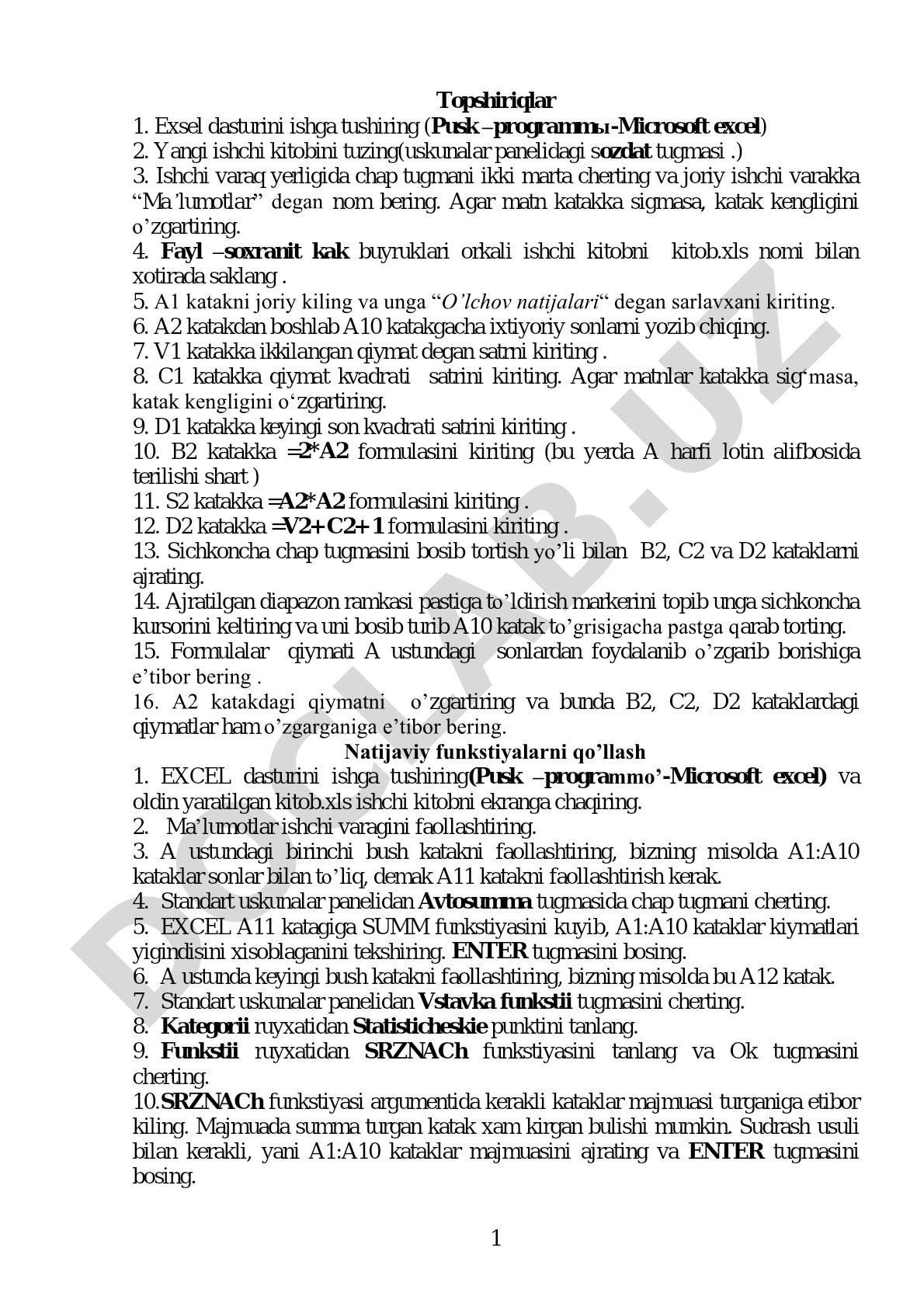 Excelda ishchi varaq yaratish va formulalar kiritish topshiriqlari