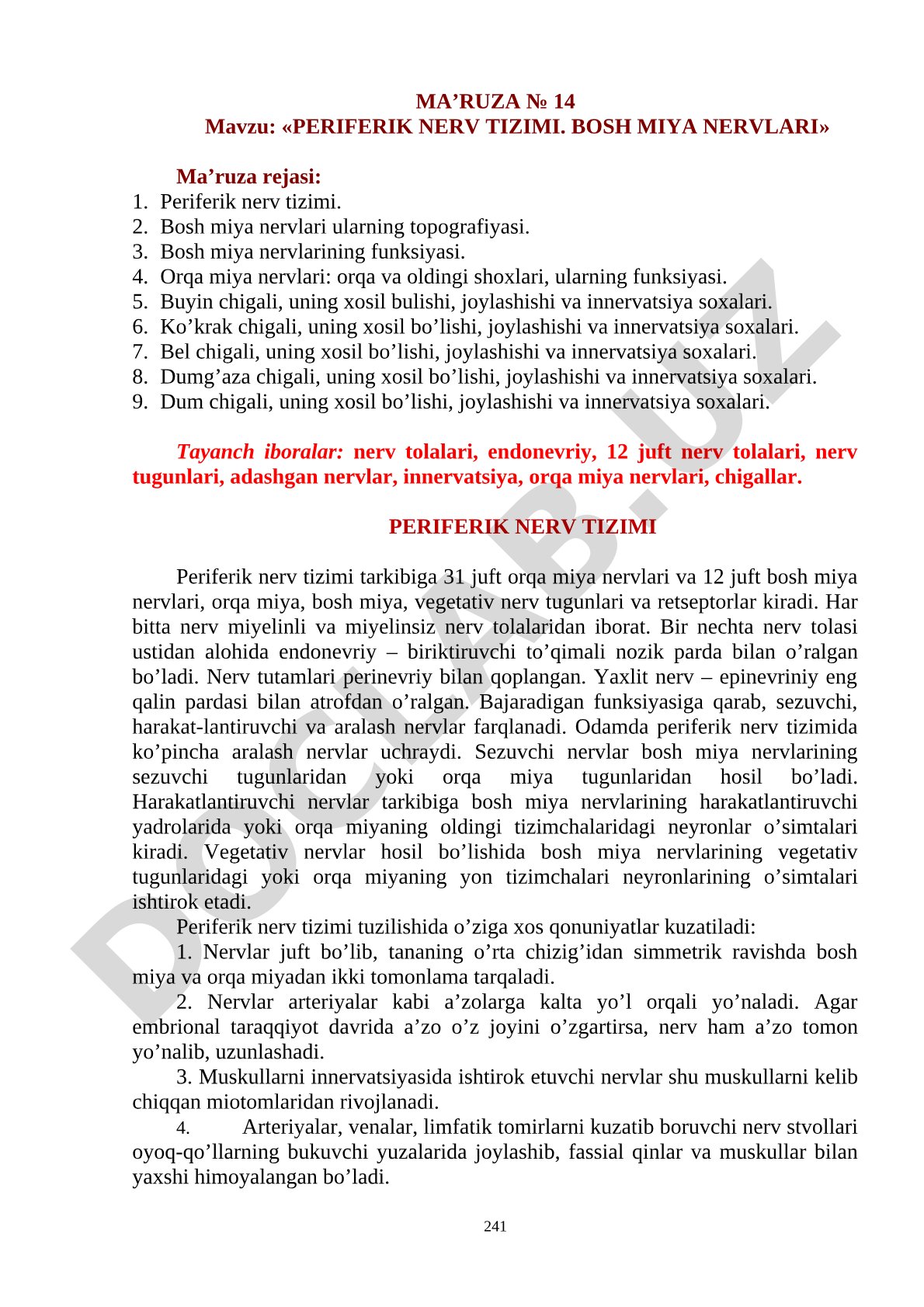 Periferik nerv tizimi. BOSH MIYA NERVLARI