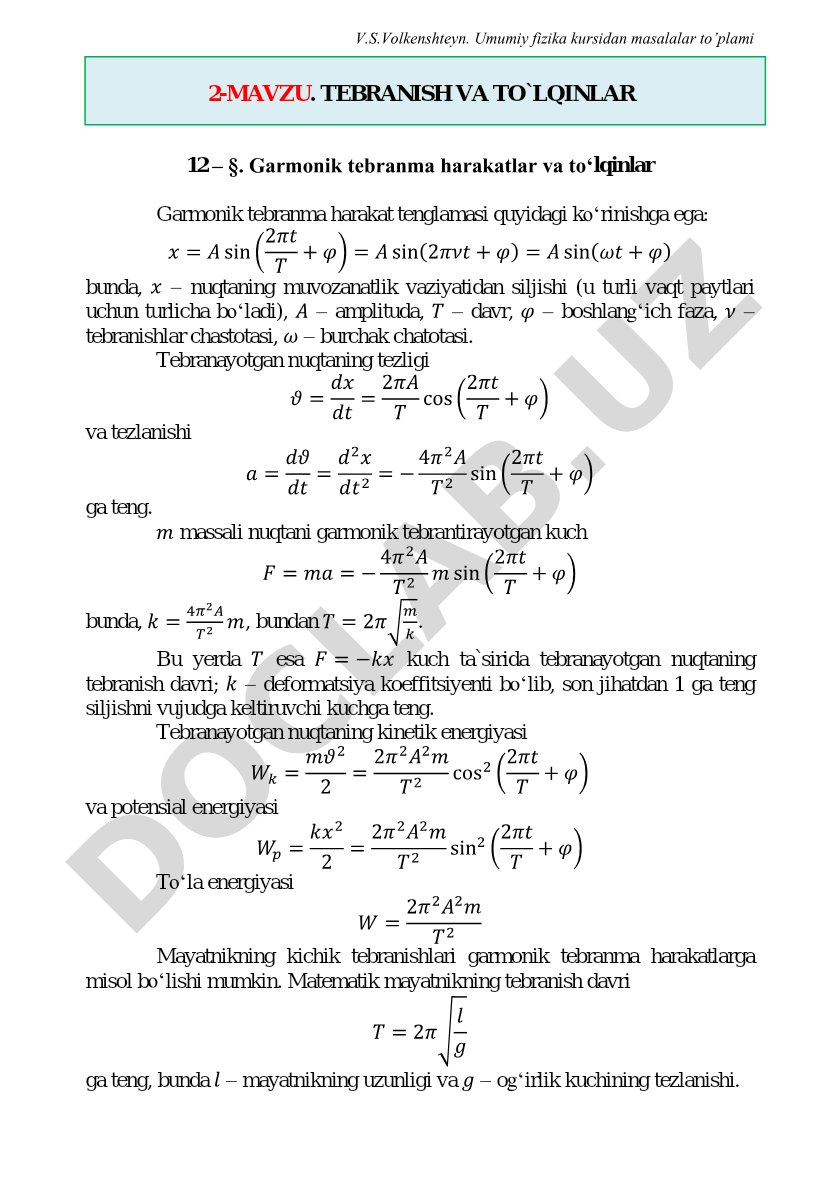 Garmonik tebranma harakatlar va to'lqinlar