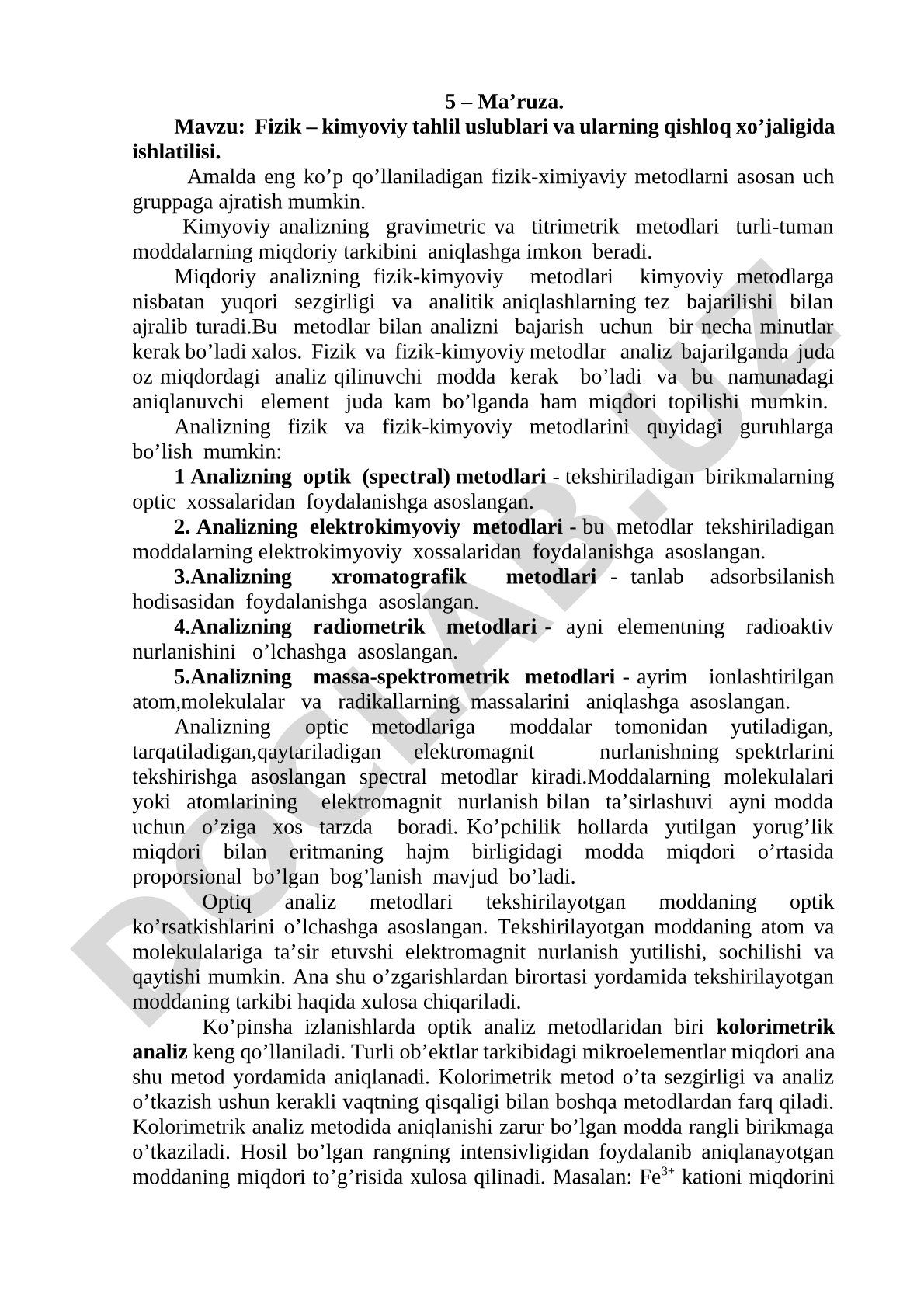 Fizik – kimyoviy tahlil uslublari va ularning qishloq xo’jaligida ishlatilisi