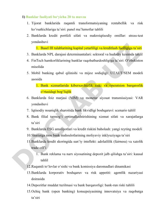 Banklar faoliyati bo'yicha 20 ta mavzu