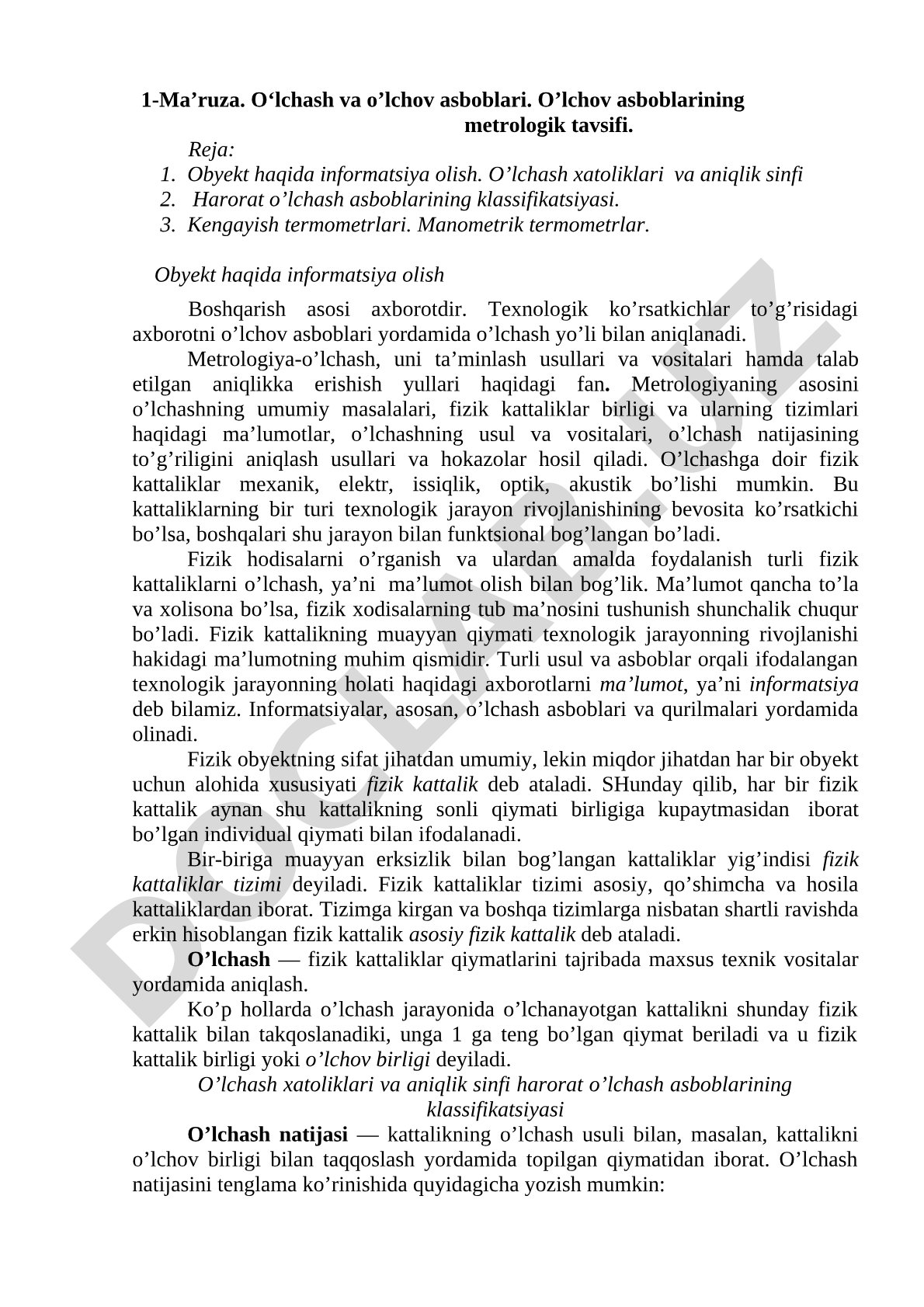 O‘lchash va o’lchov asboblari. O’lchov asboblarining metrologik tavsifi