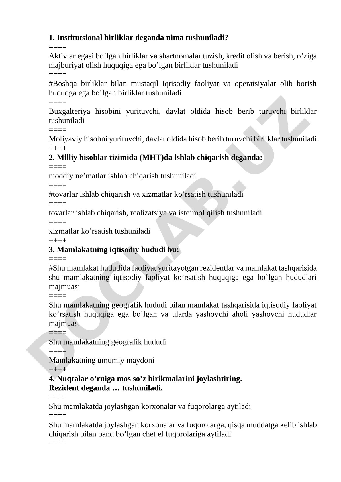 Milliy hisoblar tizimi bo'yicha test savollari