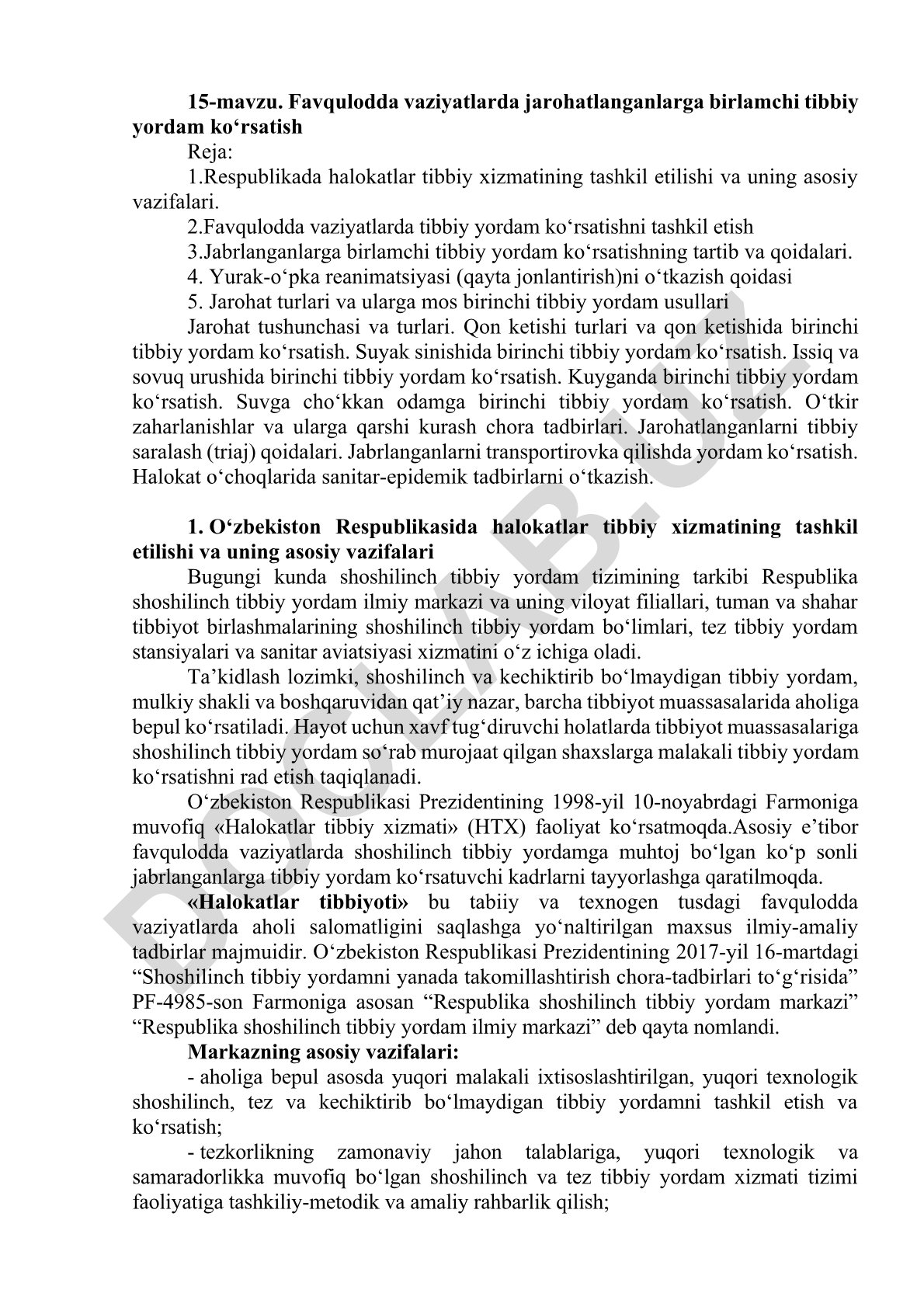 Favqulodda vaziyatlarda jarohatlanganlarga birlamchi tibbiy yordam ko'rsatish