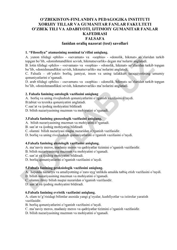 Falsafa fanidan oraliq nazorat test savollari