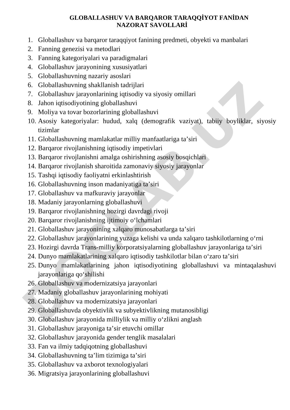 Globallashuv va barqaror taraqqiyot fanidan nazorat savollari