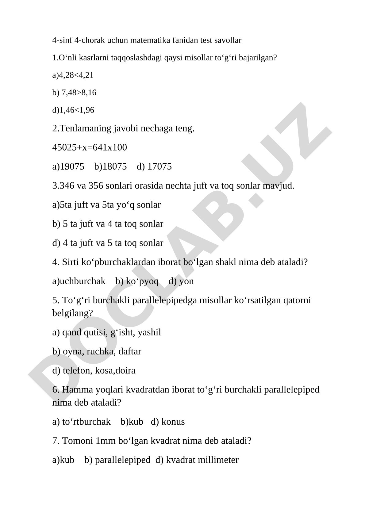 4-sinf 4-chorak uchun matematika fanidan test savollar