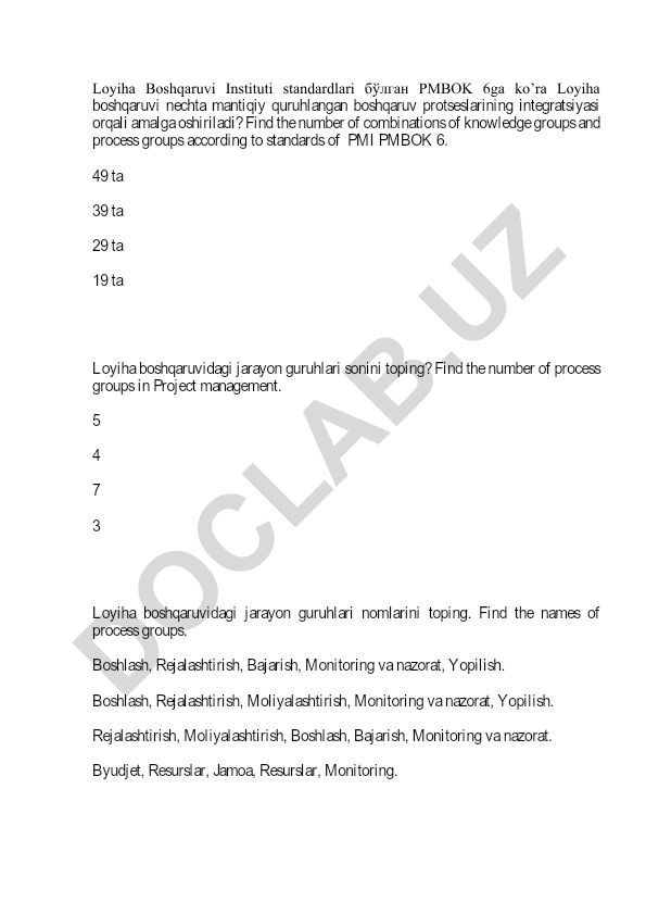 PMBOK 6 bo'yicha loyiha boshqaruvi jarayon guruhlari va bilim sohalari