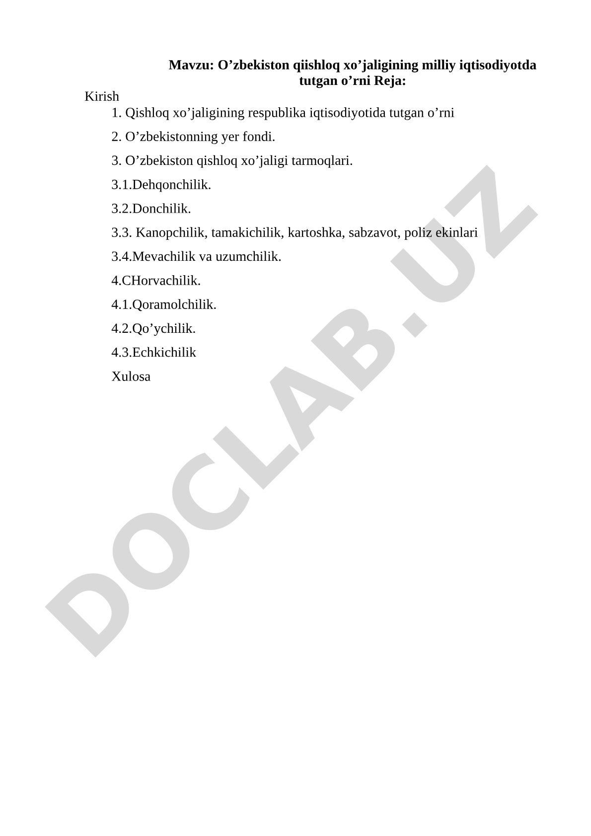 O’zbekiston qishloq xo’jaligining milliy iqtisodiyotda tutgan o’rni