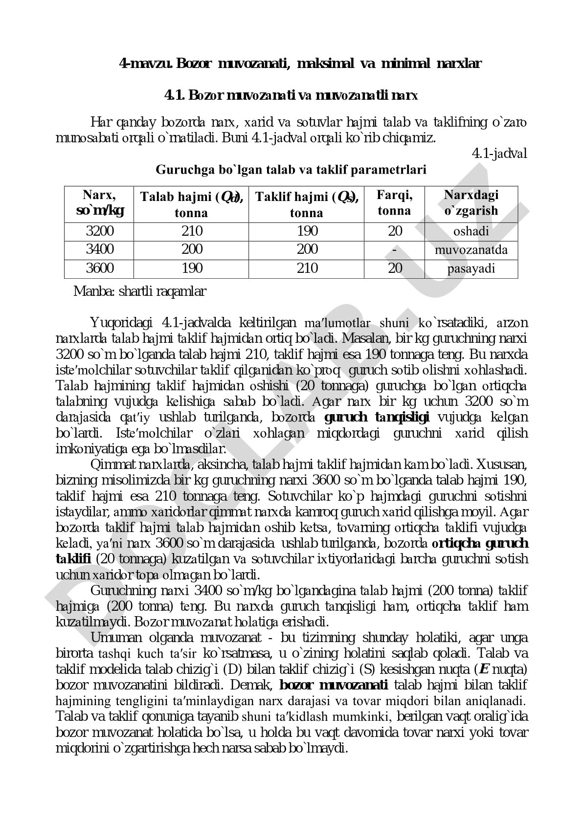 4-mavzu. Bozor muvozanati, maksimal va minimal narxlar