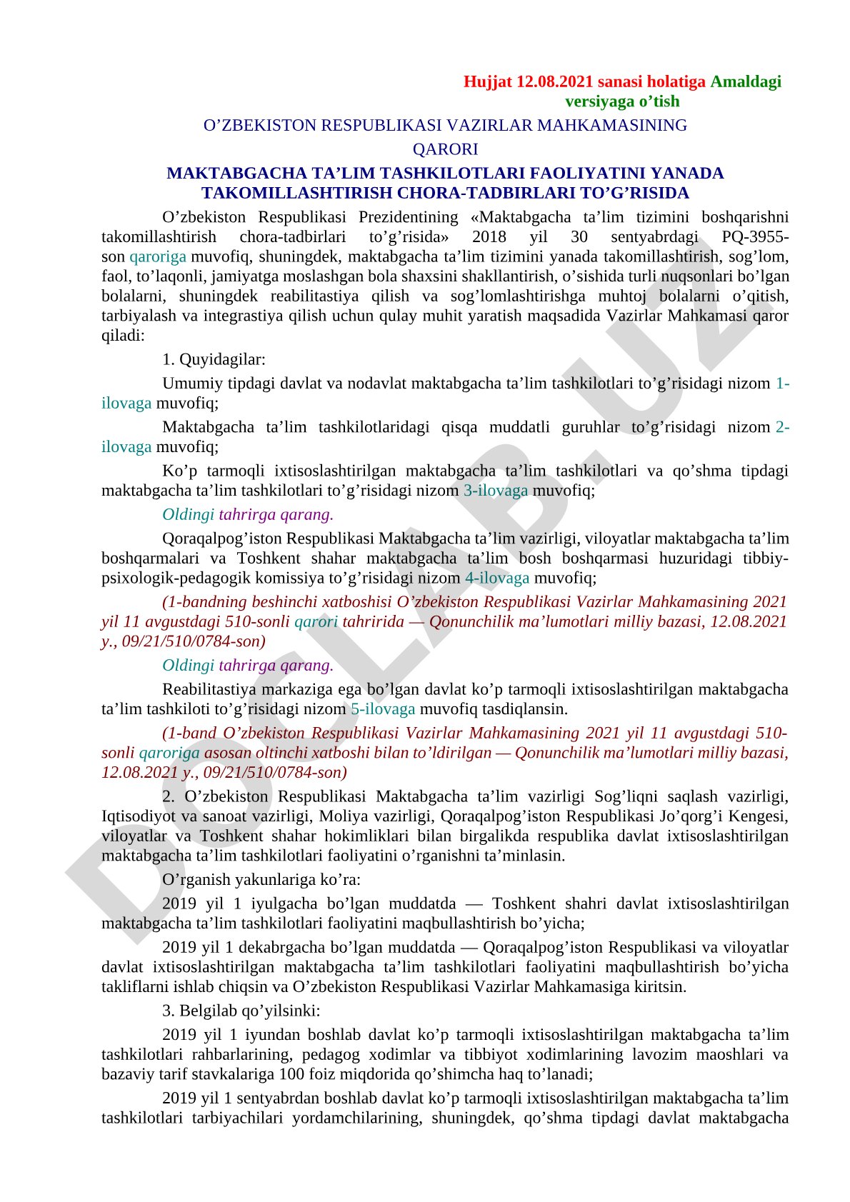 Maktabgacha ta'lim tashkilotlari faoliyatini yanada takomillashtirish chora-tadbirlari