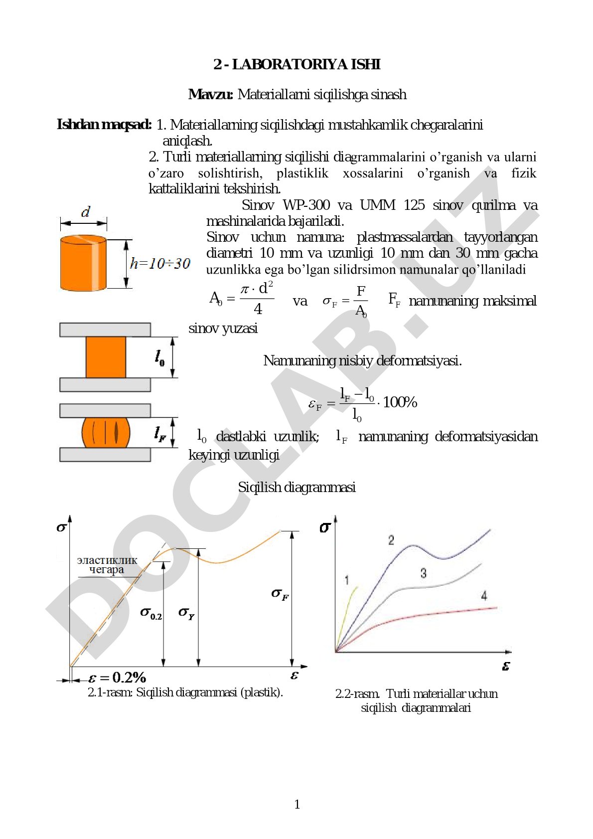 Materiallarning siqilishdagi mustahkamlik chegaralarini aniqlash va diagrammalarini