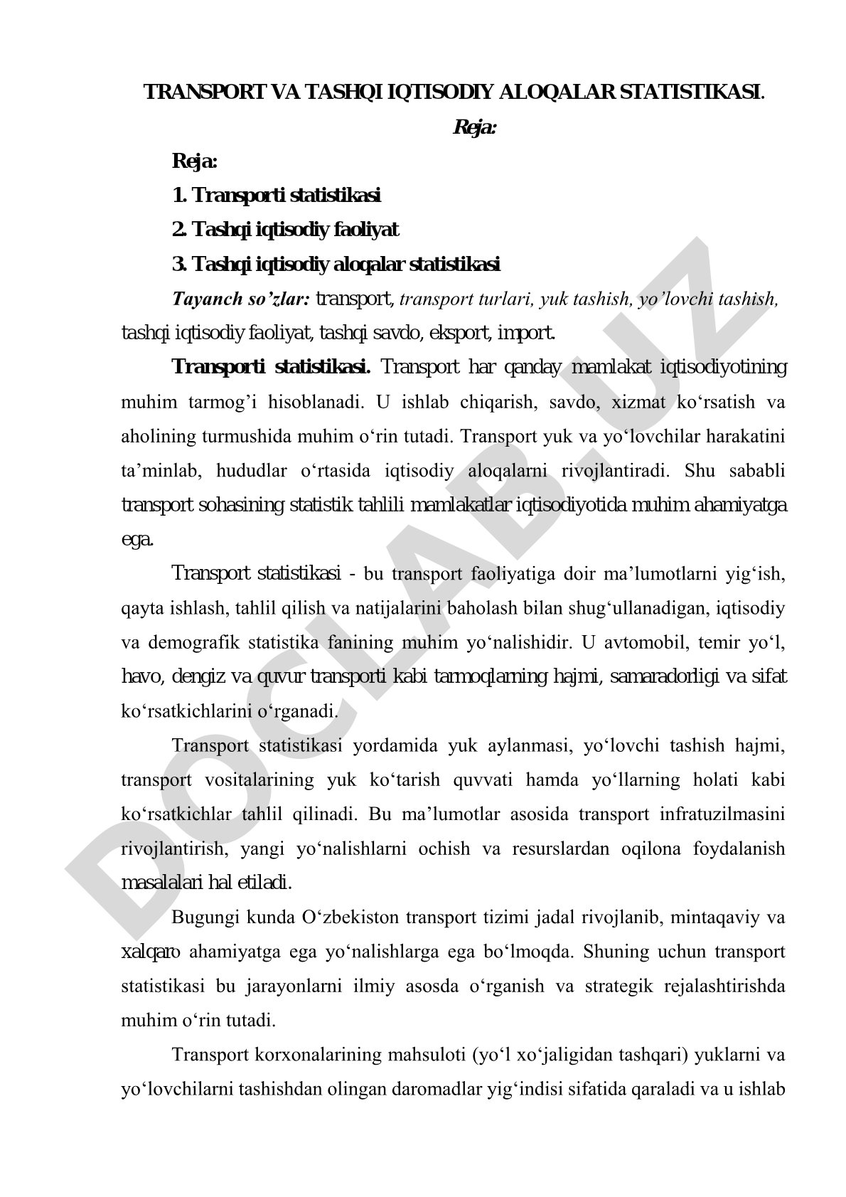 Transport va tashqi iqtisodiy aloqalar statistikasi