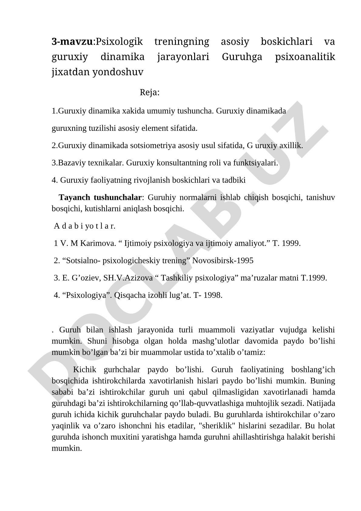 Psixologik treningning asosiy boskichlari va guruxiy dinamika jarayonlari