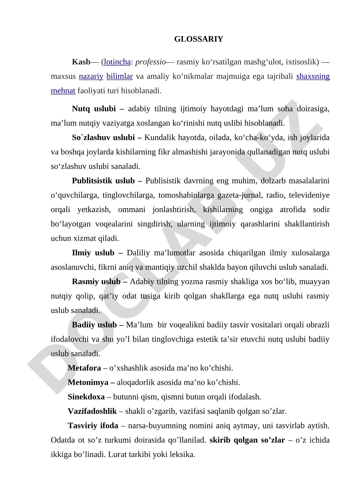Kasb va nutq uslublari glossariysi